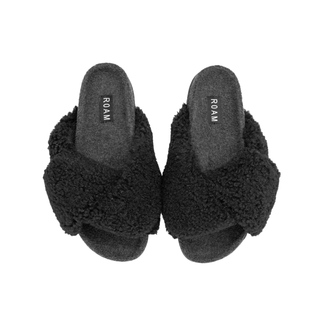 Foldy Cush Nude Fuzzy, Faux Shearling Slippers, black