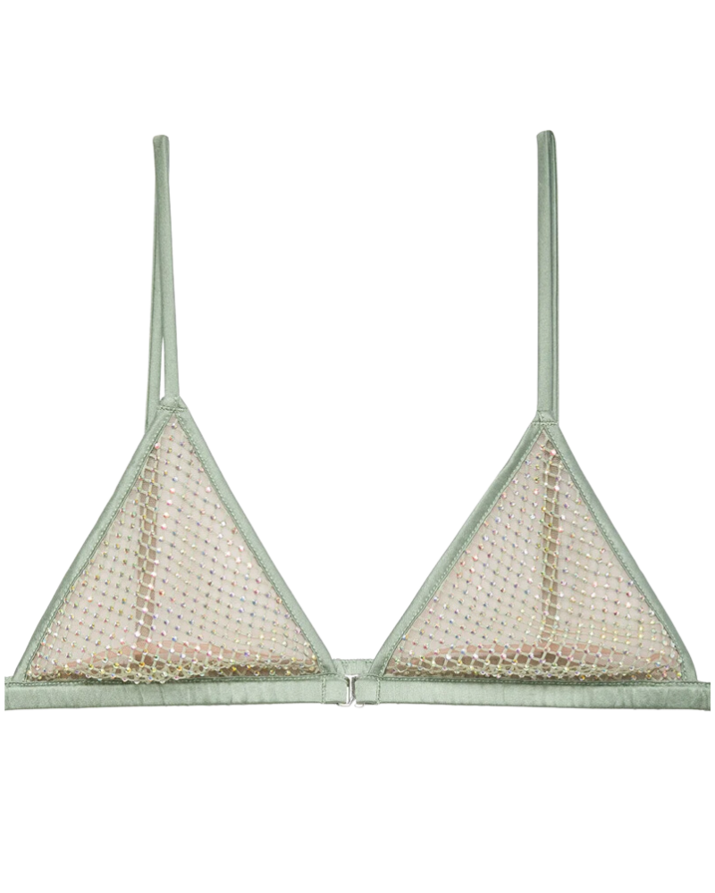 Rhinestone Fishnet Triangle Bra, Sage