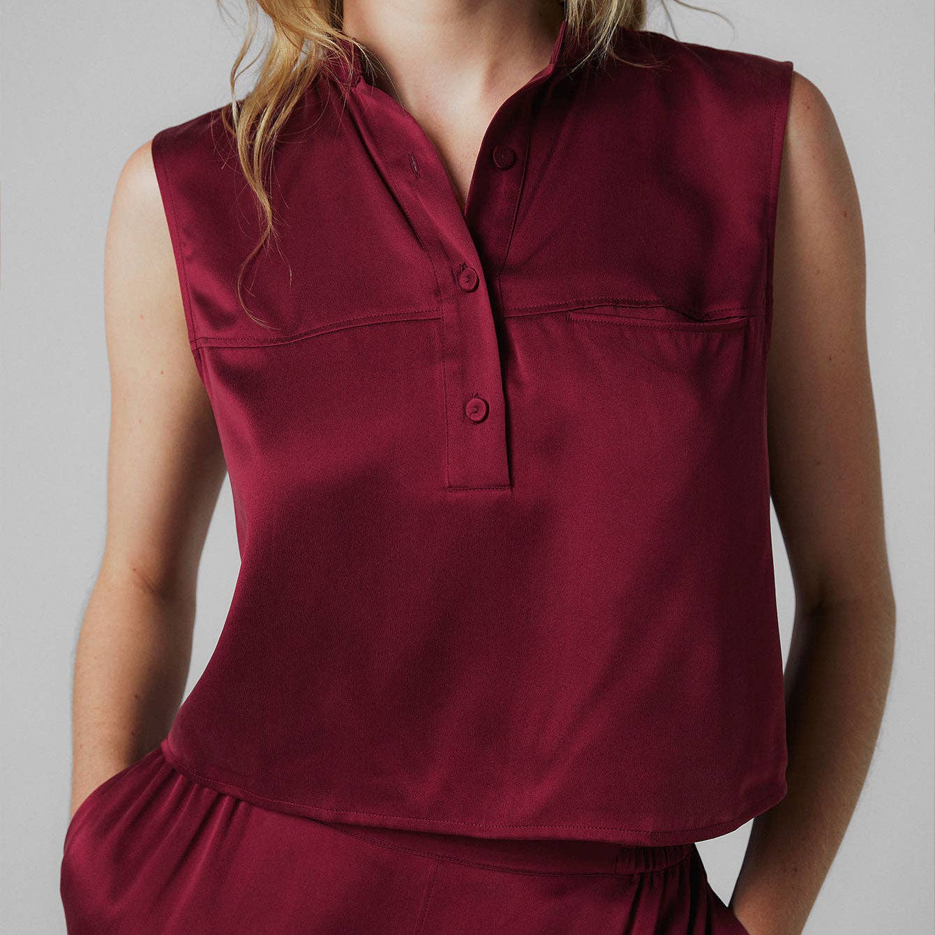 Washable Silk Tank Shaped Pant Set, Wine