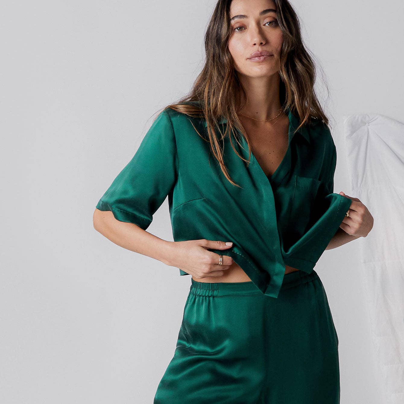 Washable Silk High Rise Pant Set, Hum Forest
