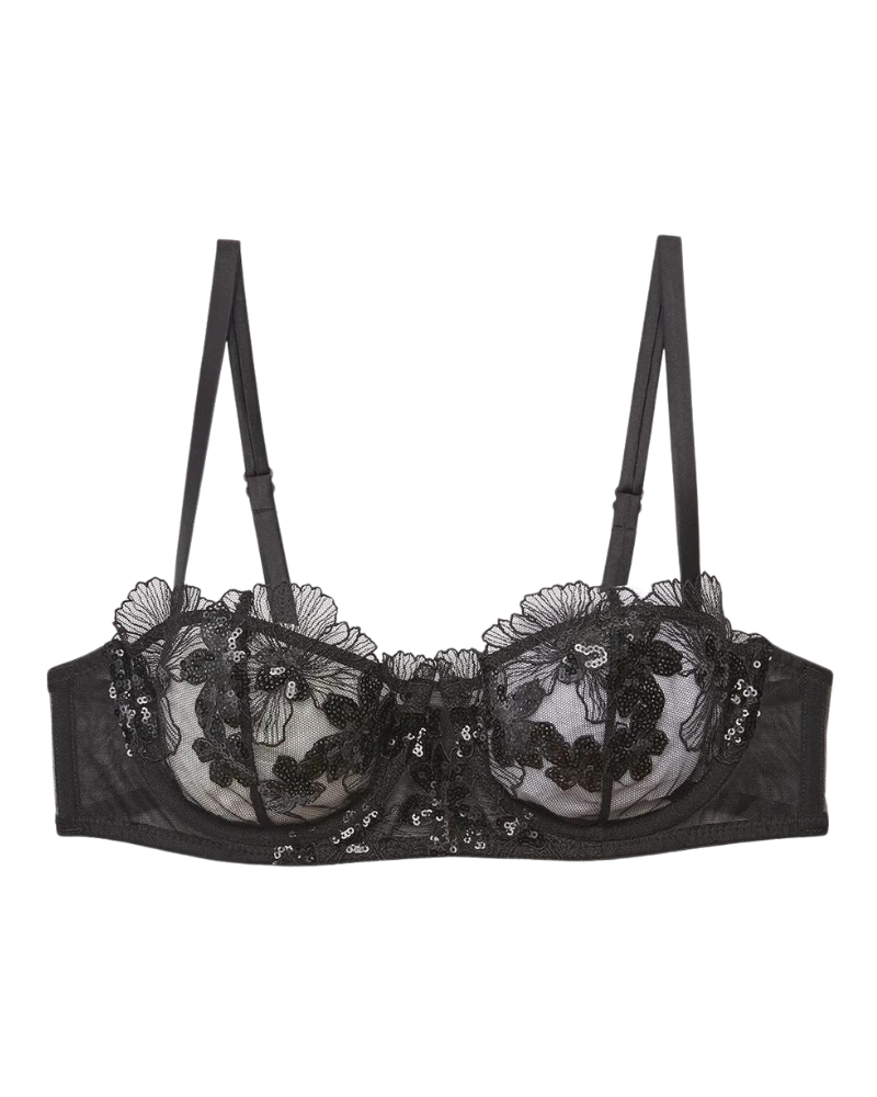 Sequin Violet Embroidery Balconette Bra, Black