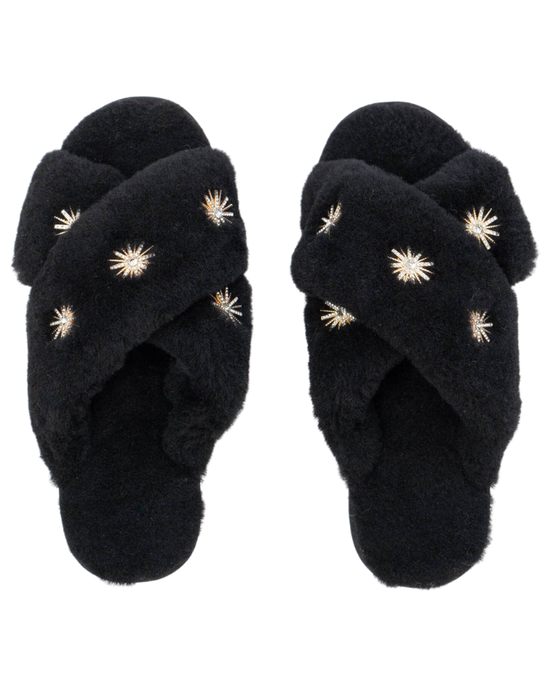Starburst Sheepskin Slippers, Black