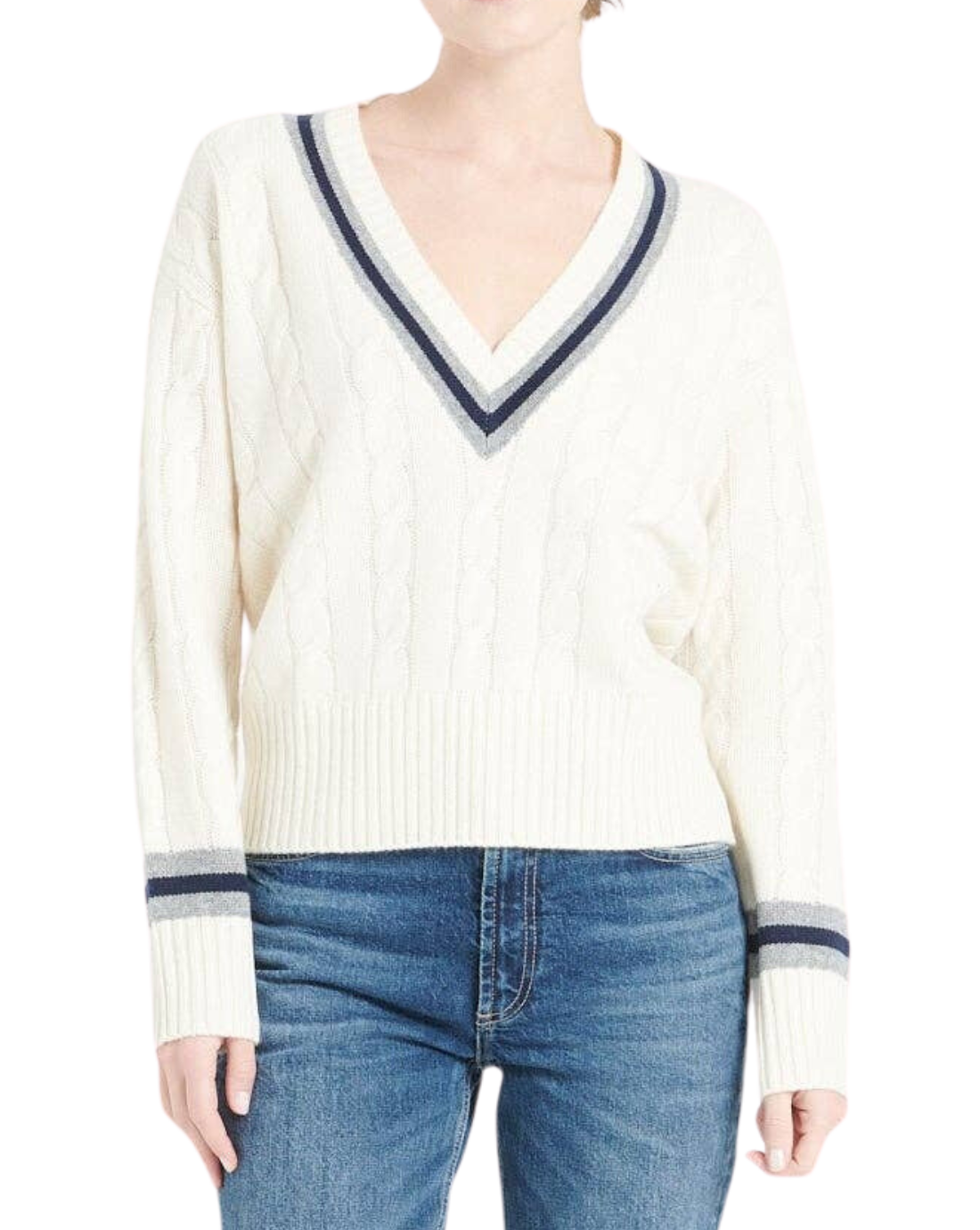 Mia V-Neck Cashmere Pullover, Ecru Navy