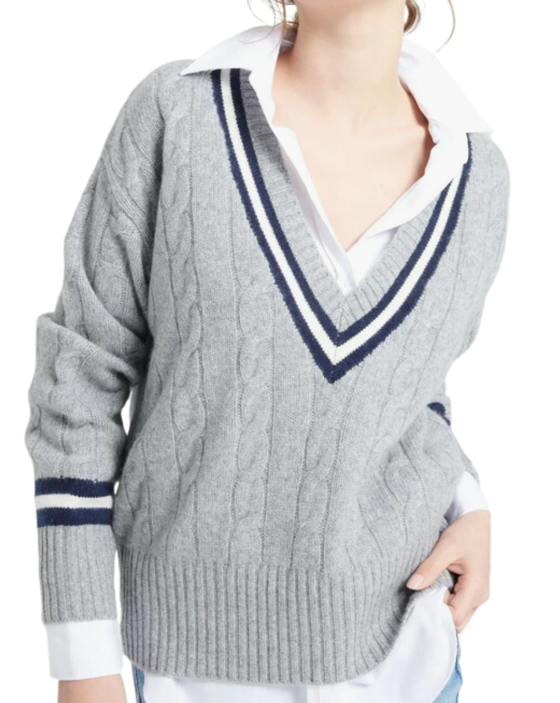 Mia V-Neck Cashmere Pullover, Gray Navy
