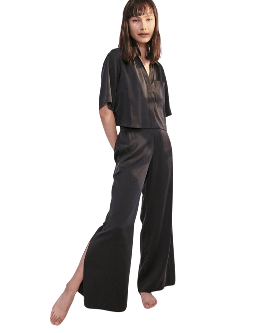 Washable Silk High Rise Pant Set, Immersed Black
