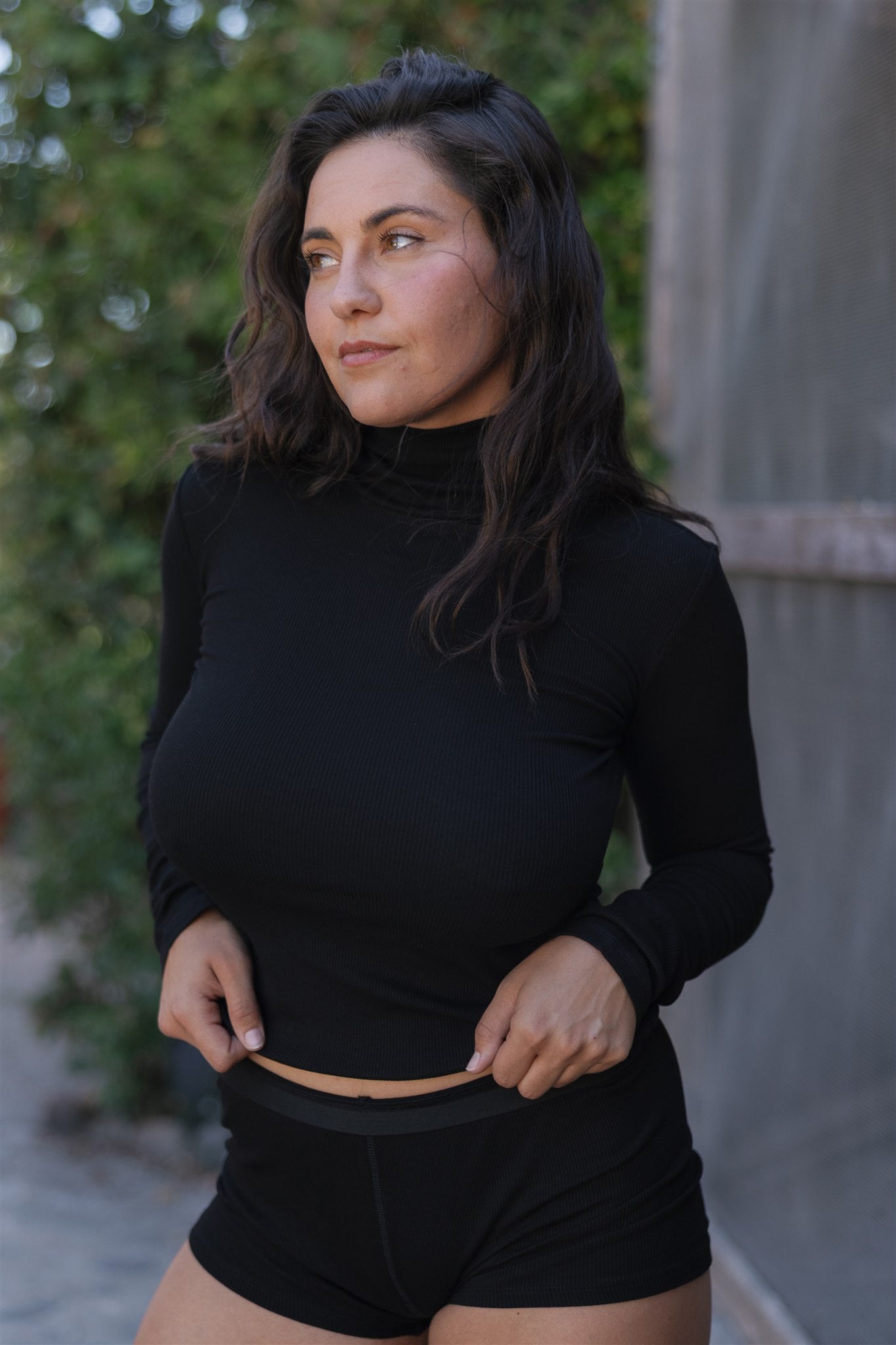 Angel Rib Ruched Turtleneck, Caviar