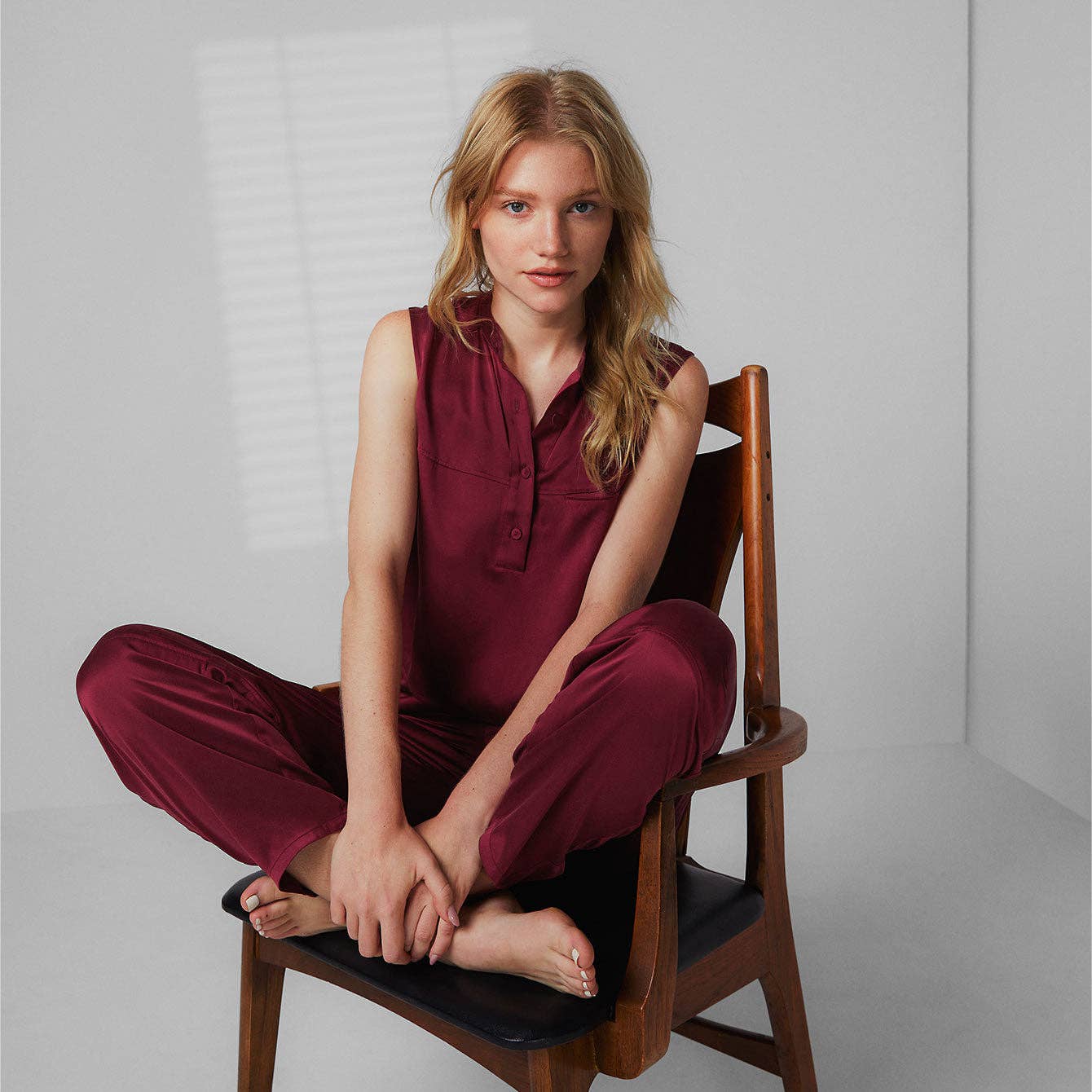 Washable Silk Tank Shaped Pant Set, Wine