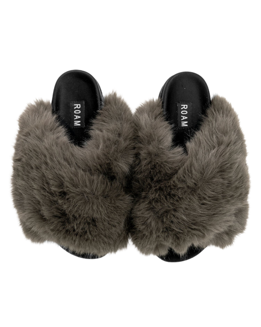 Mink Cloud Slippers, Khaki Faux Fur