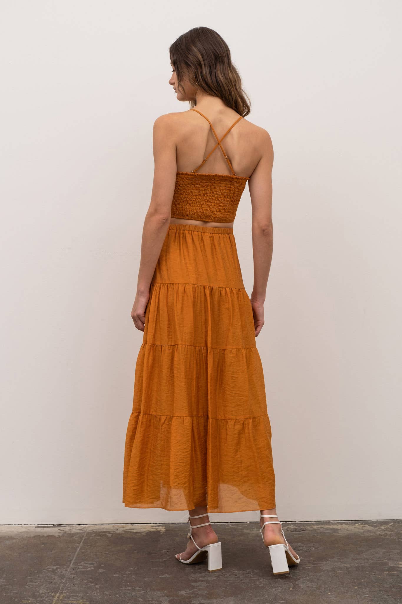 Solid Tiered Midi Skirt, Orange
