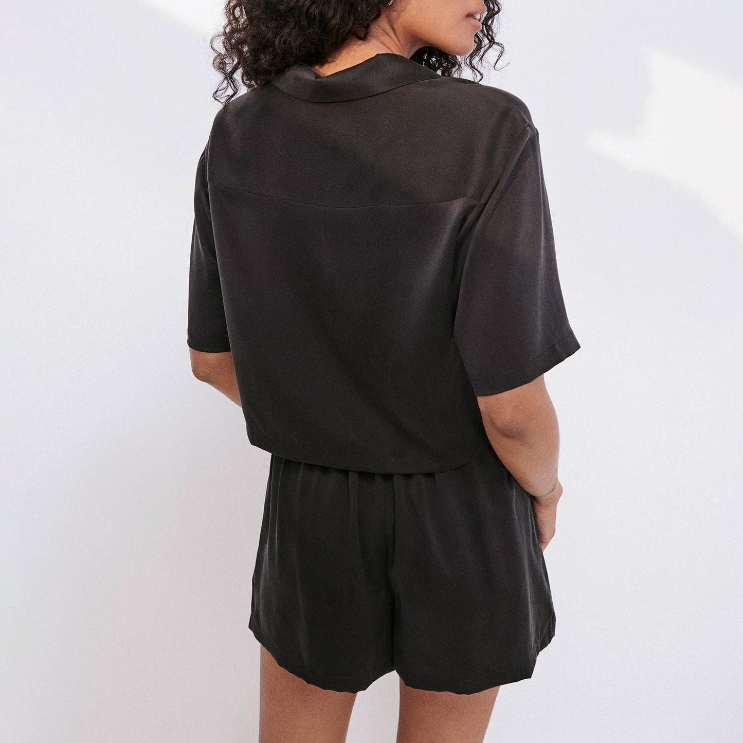 Washable Silk Button Up Short Set, Immersed Black