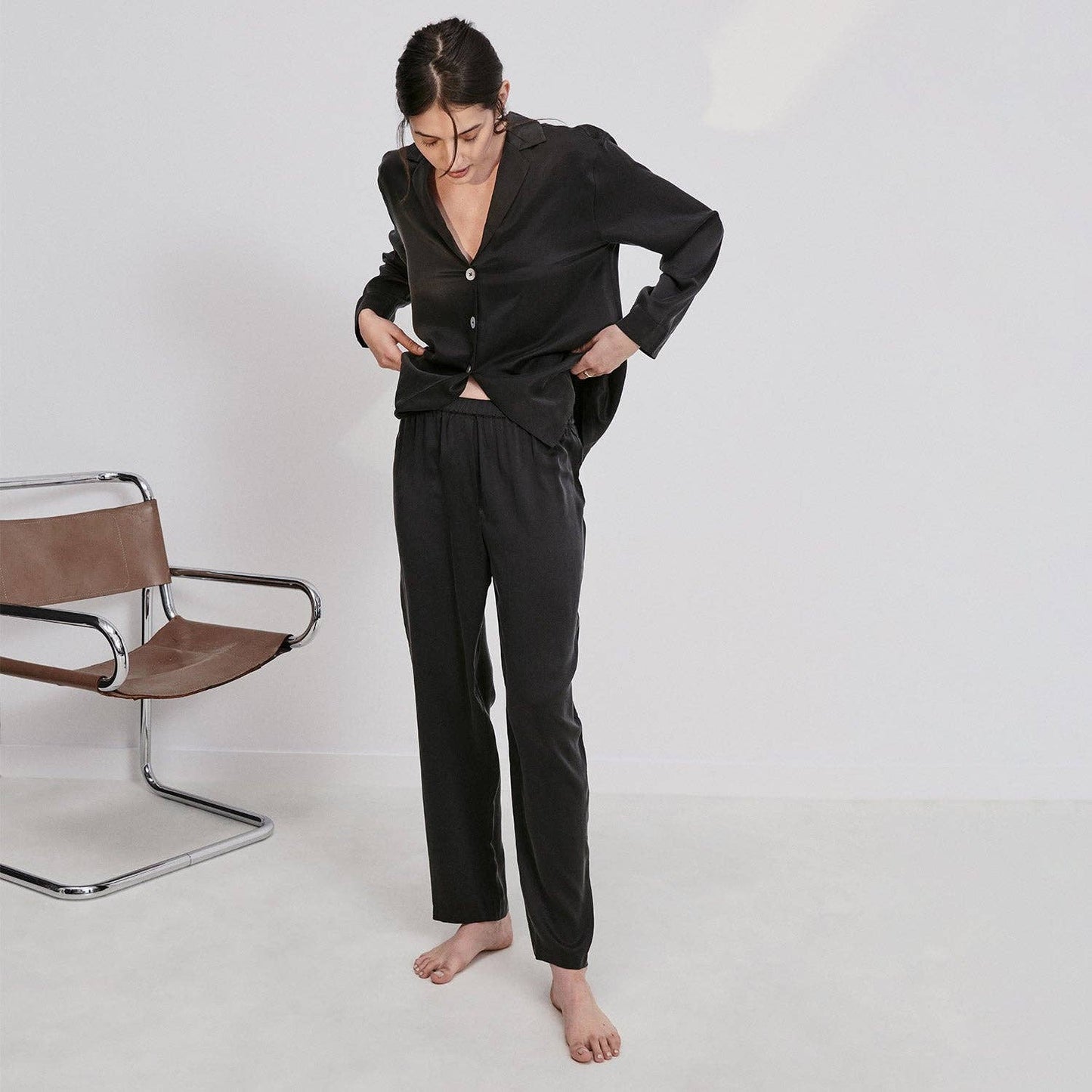 Washable Silk Long Sleeve Pant Set, Immersed Black