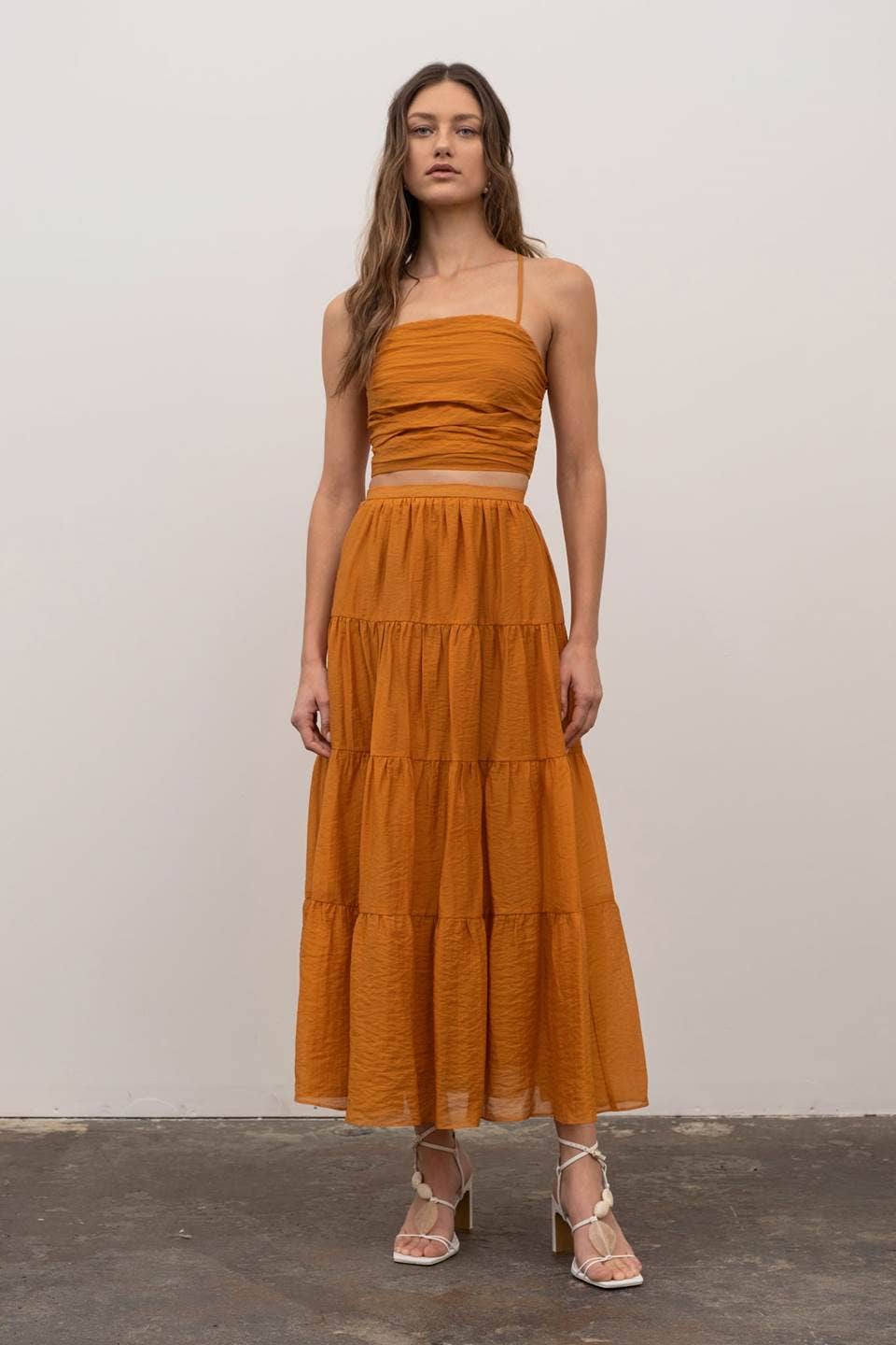 Solid Tiered Midi Skirt, Orange
