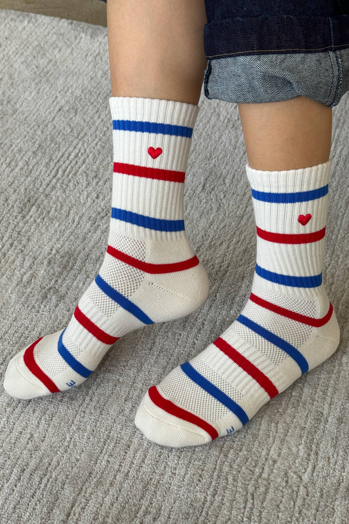 Embroidered Striped Boyfriend Socks, Red Blue Heart