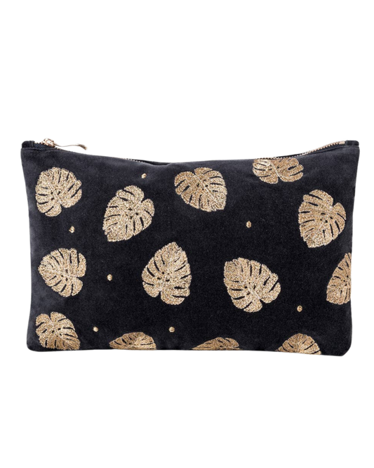 Gold Jungle Leaf Everyday Pouch, Charcoal