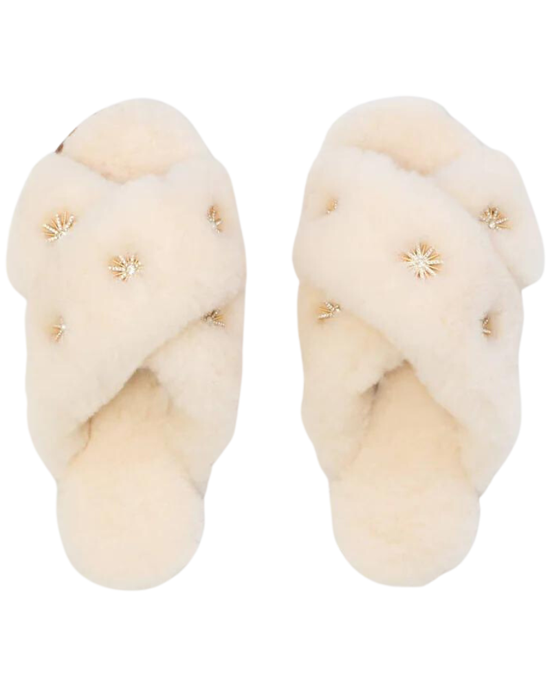 Starburst Sheepskin Slippers, Cream