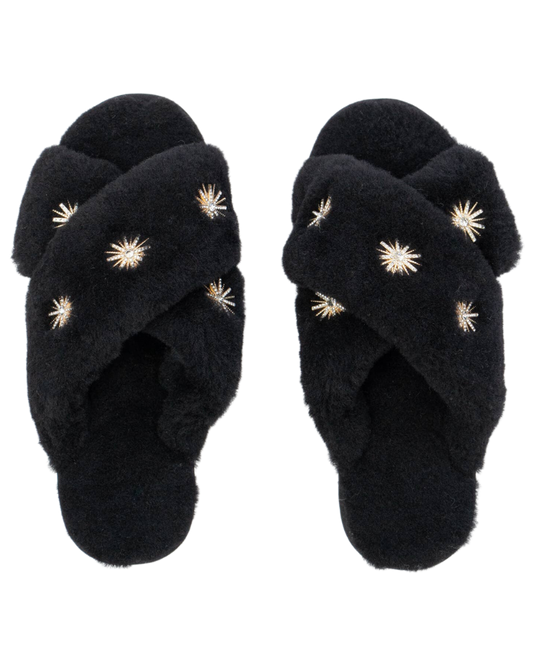 Starburst Sheepskin Slippers, Black