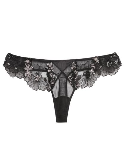 Sequin Violet Embroidery Thong, Black