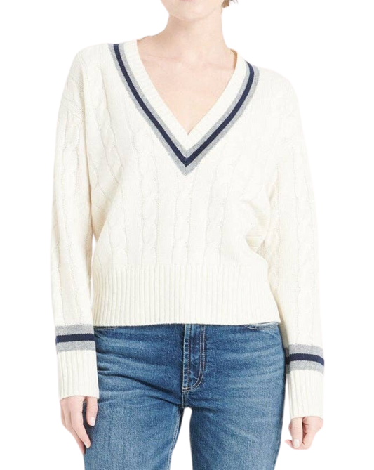 Mia V-Neck Cashmere Pullover, Ecru Navy