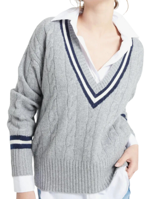 Mia V-Neck Cashmere Pullover, Gray Navy