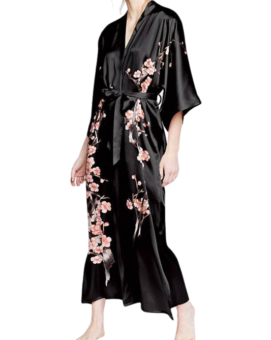 Silk Hand-painted Cherry Blossom Long Kimono Robe, Black Blush