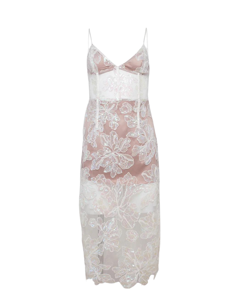 Sequin Floral Embroidered Midi Dress, Ivory