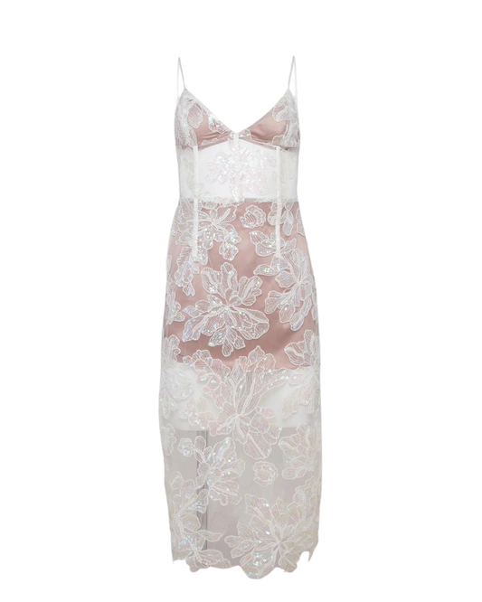 Sequin Floral Embroidered Midi Dress, Ivory