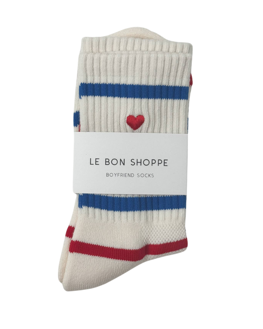 Embroidered Striped Boyfriend Socks, Red Blue Heart