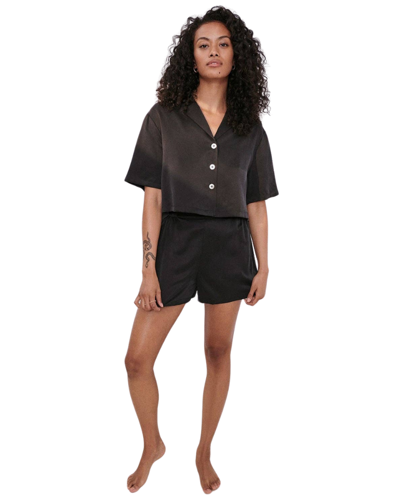 Washable Silk Button Up Short Set, Immersed Black