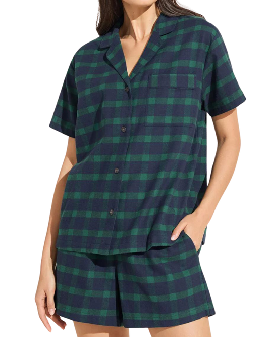 Flannel Short Pj Set, Windowpane Plaid True Navy