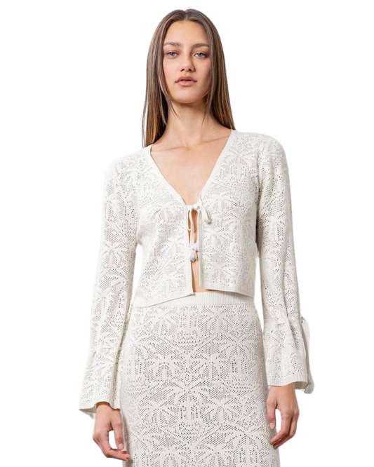 Tie Front Bell Sleeve Cardigan, Ivory