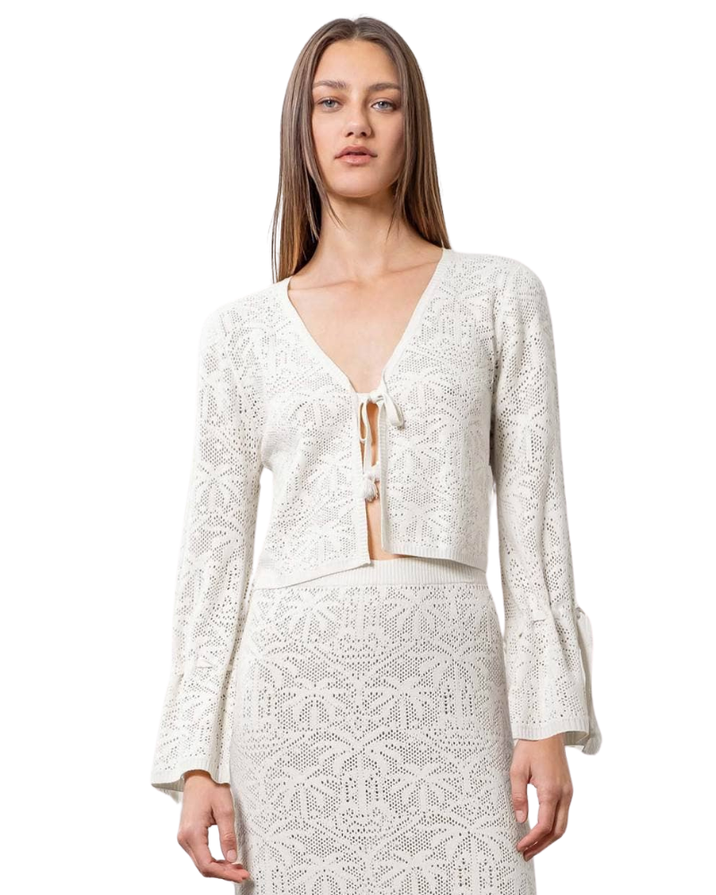 Tie Front Bell Sleeve Cardigan, Ivory