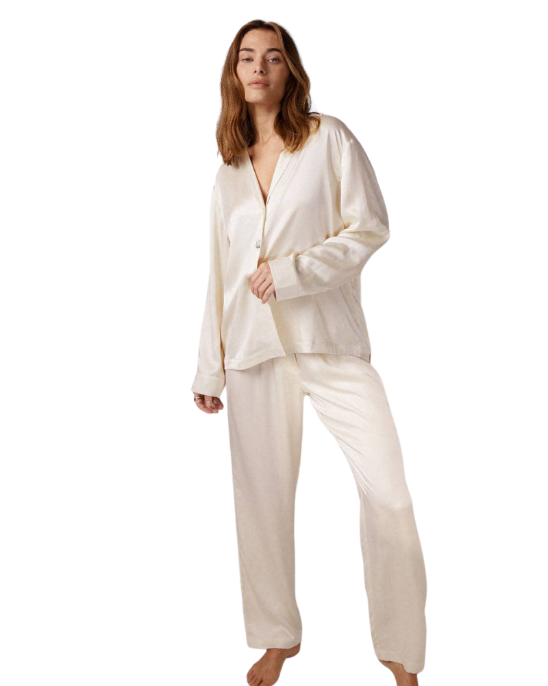 Washable Silk Long Sleeve Pant Set, Swan White