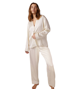 Washable Silk Long Sleeve Pant Set, Swan White