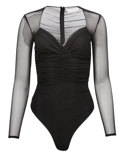 Ruched Long Sleeve Bodysuit, Black