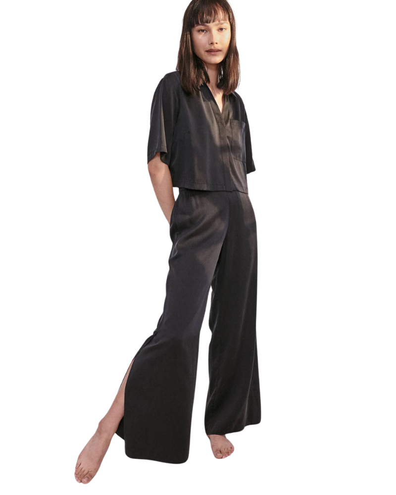 Washable Silk High Rise Pant Set, Immersed Black