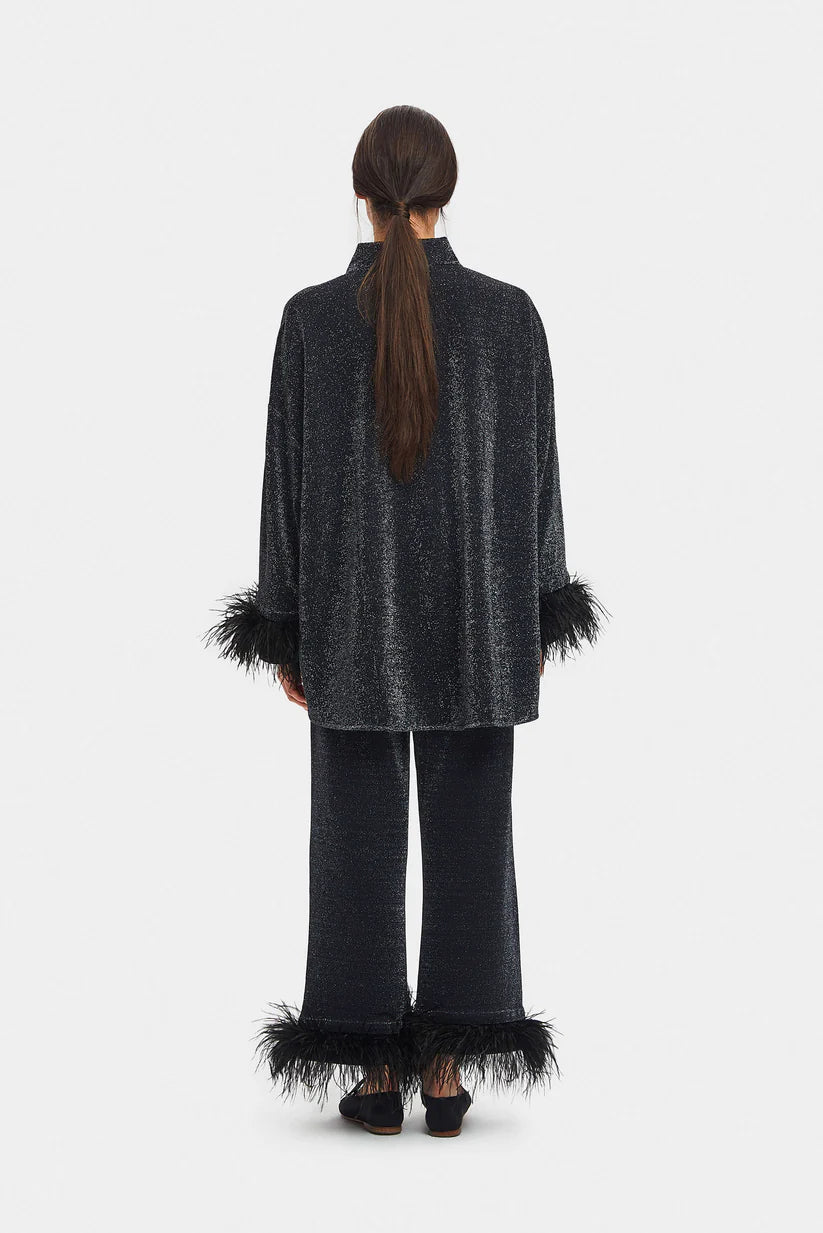 Cosmos Oversized Metallic Jersey Pajama Set, Black