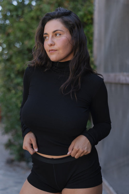 Angel Rib Ruched Turtleneck, Caviar
