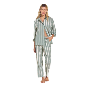 Organic Sandwashed Cotton - The Long PJ Set, Willow Green Stripe